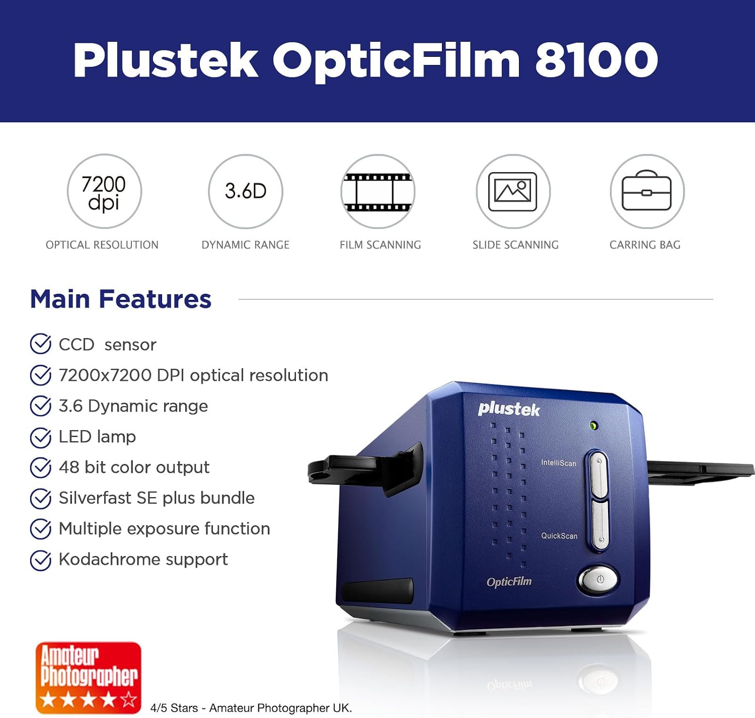 Plustek OpticFilm 8100-35mm Negative Film/Slide Scanner with 7200 DPI and 48-bit Output. B